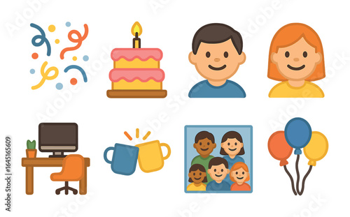 Colleagues Celebration Icons. Flat vector mini-illustrations Celebrating colleagues in colors children's