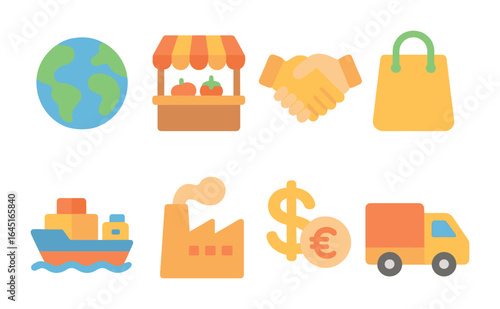 Global Trade Icons. Flat vector mini-illustrations Balancing global and local trade in colors children's