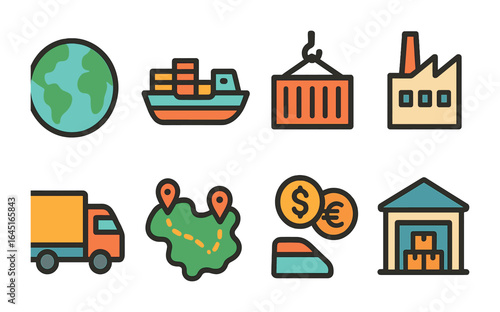 Global Trade Icons. Flat vector mini-illustrations Global supply and demand in colors children's illustrations