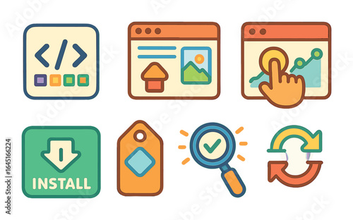 Children's Digital Icons. Flat vector mini-illustrations Pixel and tracking setup in colors children's