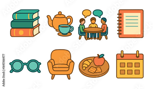 Children's Book Club Icons. Flat vector mini-illustrations Book clubs in colors children's illustrations: