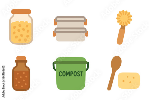 Minimalist Kitchen Icons. Flat vector mini-illustrations minimal waste kitchen in colors children's