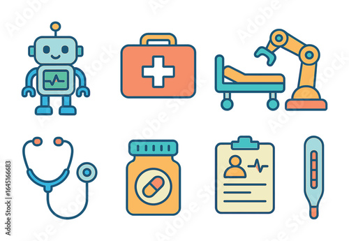 Healthcare Robots Icons. Flat vector mini-illustrations robots in healthcare in colors children's