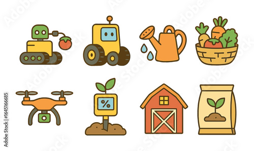 Agricultural Robot Icons. Flat vector mini-illustrations agricultural robots in colors children's