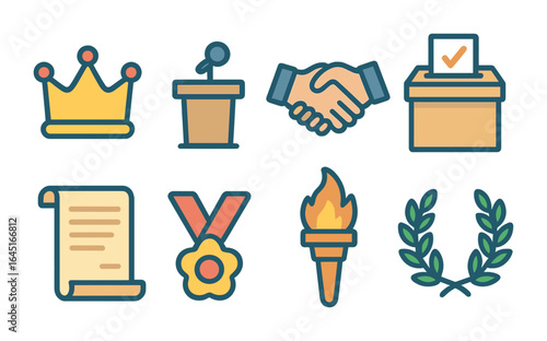 Leadership Symbols Icons. Flat vector mini-illustrations leadership symbols in colors children's illustrations