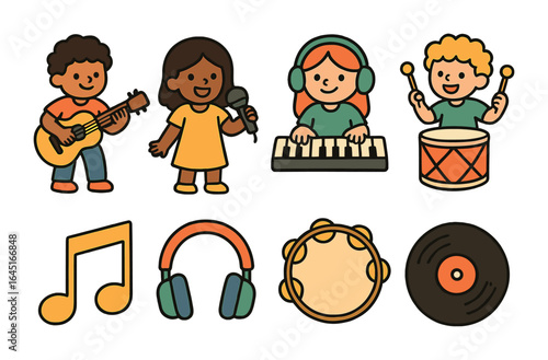 Musical Icons Grid. Flat vector mini-illustrations friends playing music in colors children's illustrations: