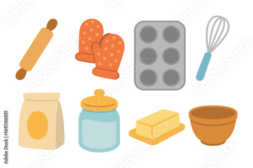 Baking Day Icons. Flat vector mini-illustrations baking day in colors children's illustrations: rolling pin,