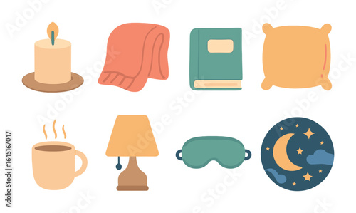Evening Routine Icons. Flat vector mini-illustrations calming evening routine in colors children's