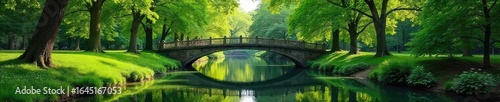A lush green park spans a tranquil waterway, with a charming footbridge arching gracefully over the clear water Perfect for nature, travel, and environmental themes , green space, clouds, river