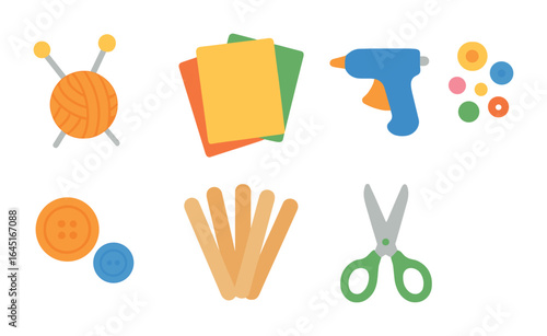 Family Craft Icons. Flat vector mini-illustrations family craft day in colors children's illustrations: yarn,