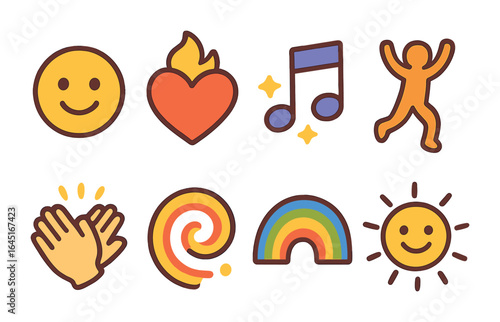Creative Joy in Icons. Flat vector mini-illustrations Emotional sparks of creativity in colors children's