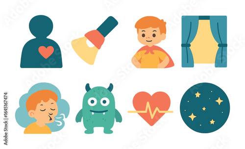Facing Fears Icons. Flat vector mini-illustrations Facing fears in colors children's illustrations: shadow