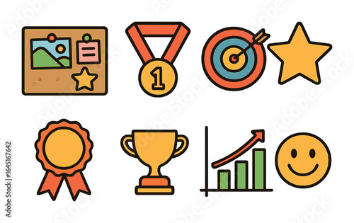 Children's Achievement Icons. Flat vector mini-illustrations Fun goal-setting tools in colors children's
