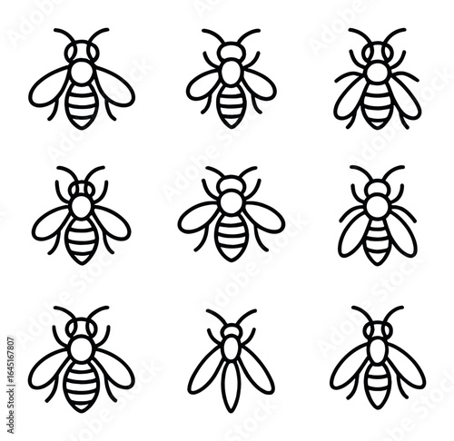 Native Bee Icons. Outline icon set of native pollinators: mason bee, leafcutter bee, sweat bee, carpenter bee,