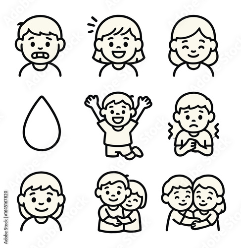 Childhood Emotion Icons. Outline icon set of childhood school emotions: nervous face, excited face, shy smile,