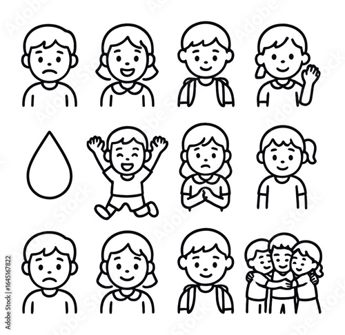 Childhood Emotion Icons. Outline icon set of childhood school emotions: nervous face, excited face, shy smile,