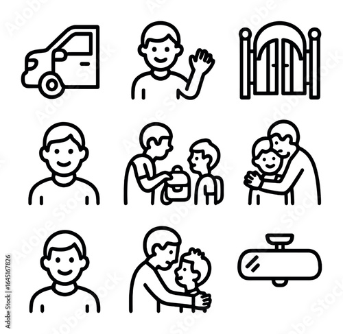Parent Drop-off Icons. Outline icon set of parent drop-off moments: car door open, waving goodbye, backpack