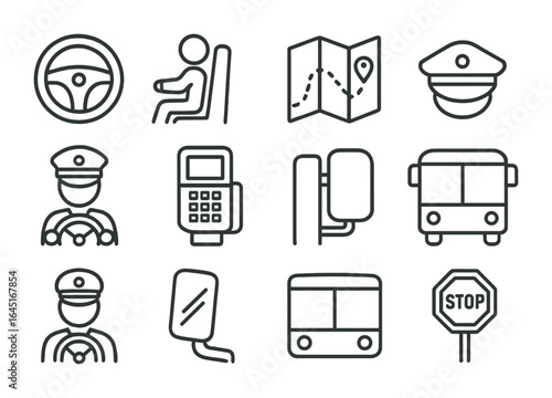 Bus Driver Icons. Outline icon set of bus drivers on the road: steering wheel, driver seat, route map, uniform