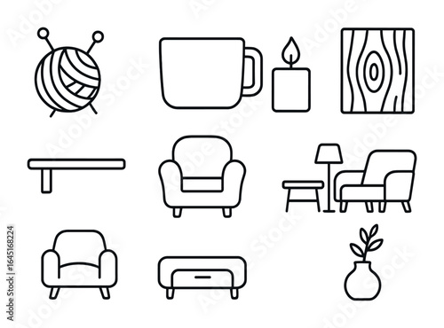 Hygge Living Icons. Outline icon set of hygge-inspired living: wool knit icon, ceramic mug, candle flame, wood