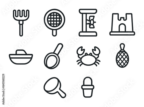 Beach Toy Icon Set. Outline icon set of beach toy kit: rake, sifter, water wheel, castle mold, mini boat,