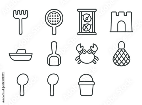 Beach Toy Icon Set. Outline icon set of beach toy kit: rake, sifter, water wheel, castle mold, mini boat,