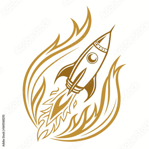 Minimilist illustration of a stylized rocket ship launching with flames and decorative golden accents around it vector