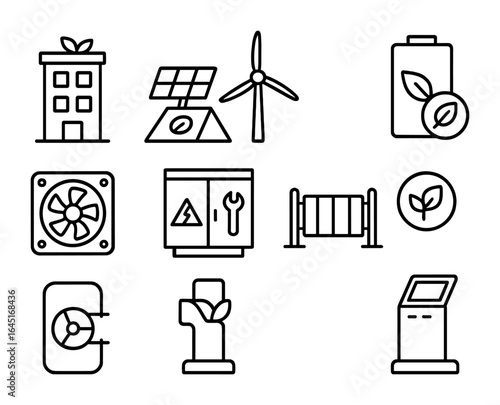 Eco Power Icons. Outline icon set of eco-friendly power stations: green building, solar roof, wind mast, eco