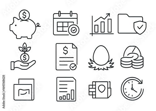 Retirement Savings Icons. Outline icon set of managing savings for retirement: piggy bank, retirement calendar