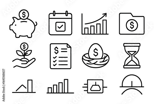 Retirement Savings Icons. Outline icon set of managing savings for retirement: piggy bank, retirement calendar