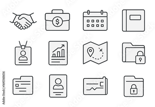 Financial Planner Icons. Outline icon set of working with a financial planner: handshake icon, retirement
