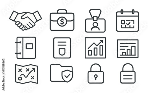 Financial Planner Icons. Outline icon set of working with a financial planner: handshake icon, retirement