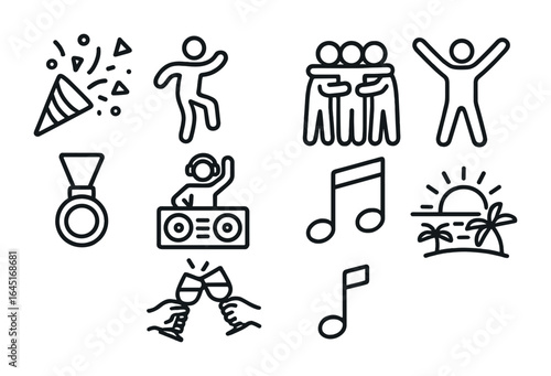 Beach Celebration Icons. Outline icon set of beach celebration icons: confetti burst, dancing figure, team hug