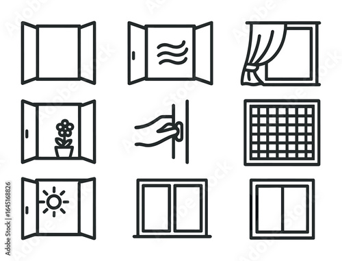 Fresh Air Icons. Outline icon set of opening windows for fresh air: open window, breeze lines, curtain blowing