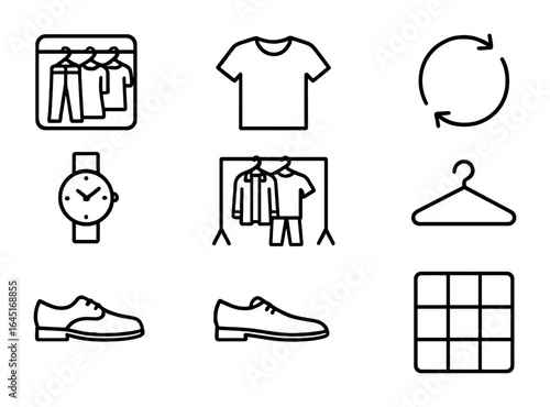 Minimalist Wardrobe Icons. Outline icon set of minimalist wardrobe choices: capsule closet, neutral shirt, mix