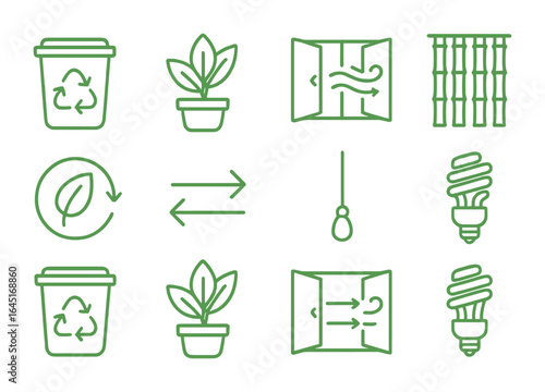 Eco-Friendly Icon Set. Outline icon set of green living habits: recycling bin, air-purifying plant, fresh