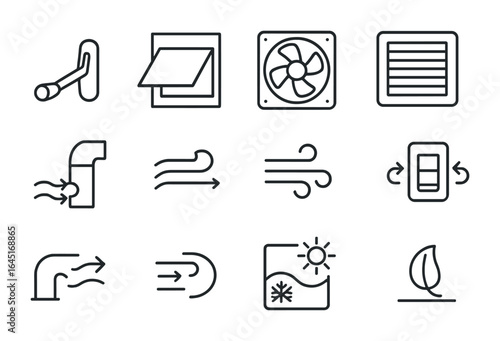 Natural Ventilation Icons. Outline icon set of natural ventilation tools: crank window handle, vent flap,