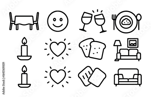 Festive Family Icons. Outline icon set of family holiday gathering: dining table icon, smiling face, clinking