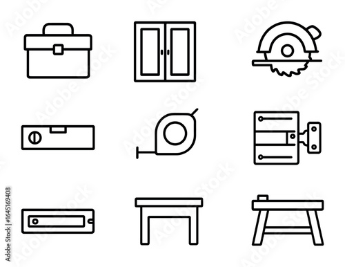 Carpentry Tool Icons. Outline icon set of carpentry and cabinetry installation: toolbox, wooden cabinet, tape