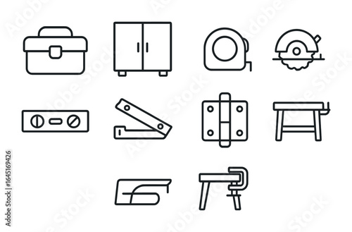 Carpentry Tool Icons. Outline icon set of carpentry and cabinetry installation: toolbox, wooden cabinet, tape