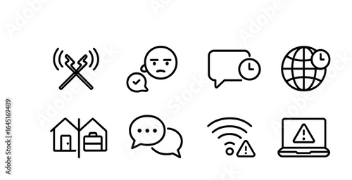 Hybrid Work Icons. Outline icon set of hybrid work challenges: crossed signals, distracted face, delayed