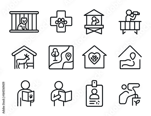 Wildlife Sanctuary Icons. Outline icon set of wildlife sanctuaries: animal enclosure, vet symbol, observation