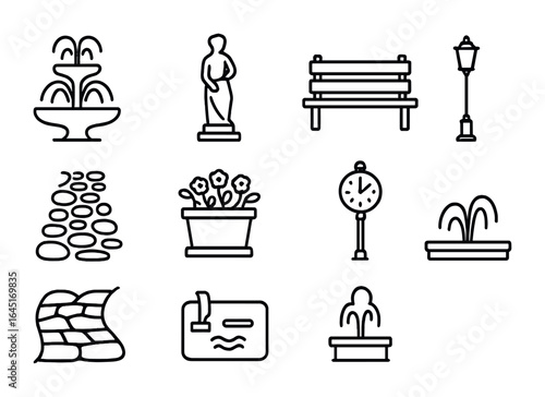 City Square Icons. Outline icon set of city square elements: central fountain, marble statue, garden bench,