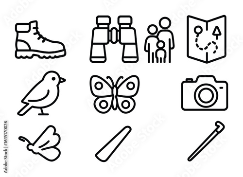 Family Nature Walk Icons. Outline icon set of family nature walk and wildlife observation: hiking boots,