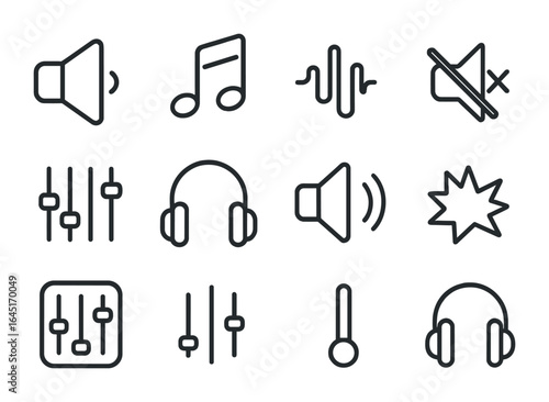 Game Sound Icons. Outline icon set of game sound design: speaker, music note, sound wave, mute button, audio
