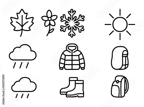 Seasonal Nature Walk Icons. Outline icon set of seasonal nature walk features: autumn leaf, spring bloom,