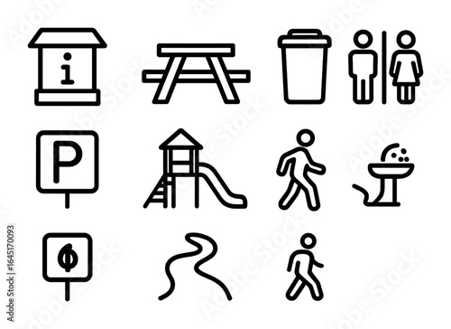 Park Amenities Icons. Outline icon set of park amenities and services: information kiosk, picnic table, trash
