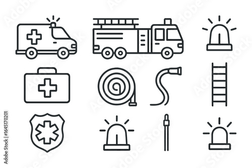Emergency Icon Set. Outline icon set of emergency response vehicles in action: ambulance, fire truck, siren