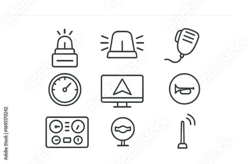Emergency Vehicle Icons. Outline icon set of emergency vehicle controls: siren switch, emergency lights, radio