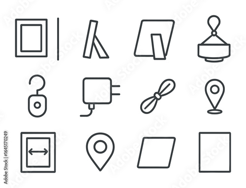 Frame Mounting Icons. Outline icon set of frame mounting and placement: wall mount, tabletop stand, swivel