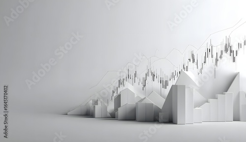 Dynamic abstract data visualization featuring black and white bar graphs and flowing lines against a blurred modern background